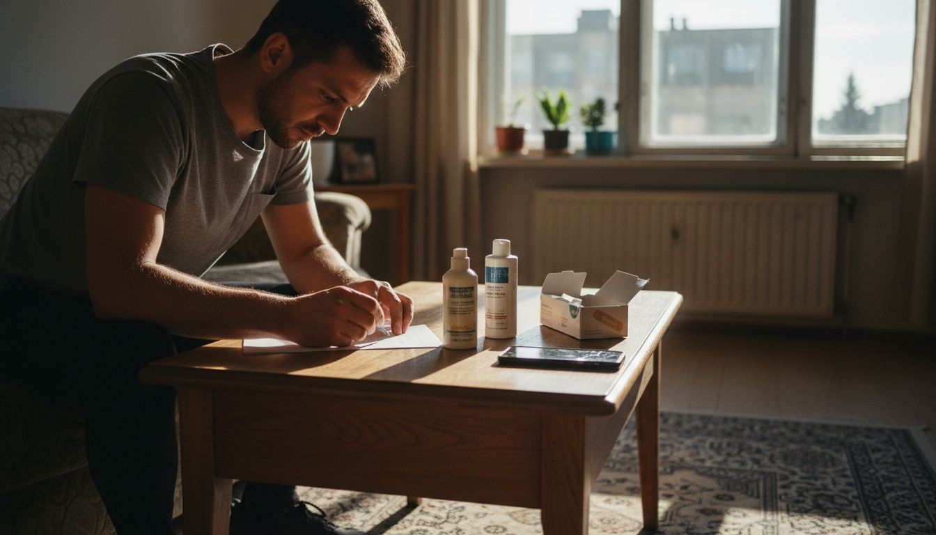 Bărbat care testează și oferă păreri despre produse pentru recuperare după intervenții estetice