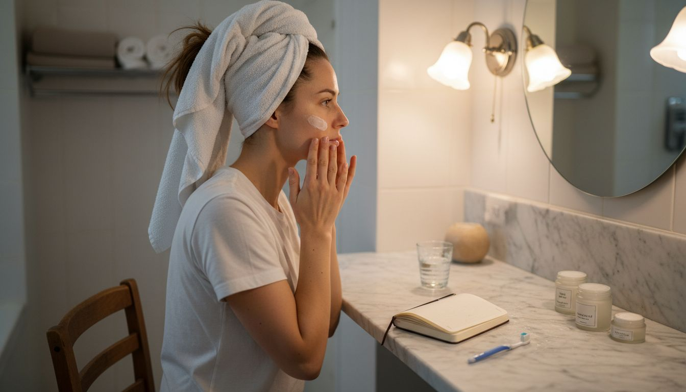 O femeie își aplică acasă crema pregătitoare înainte de ședința de mezoterapie.