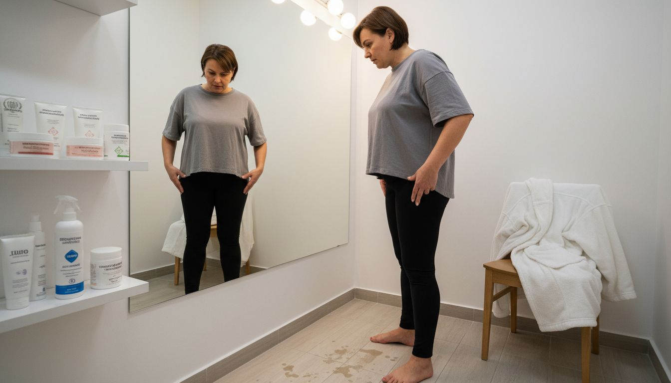 O femeie se privește în oglindă și analizează zonele de pe corp unde ar putea apela la procedura CoolSculpting.