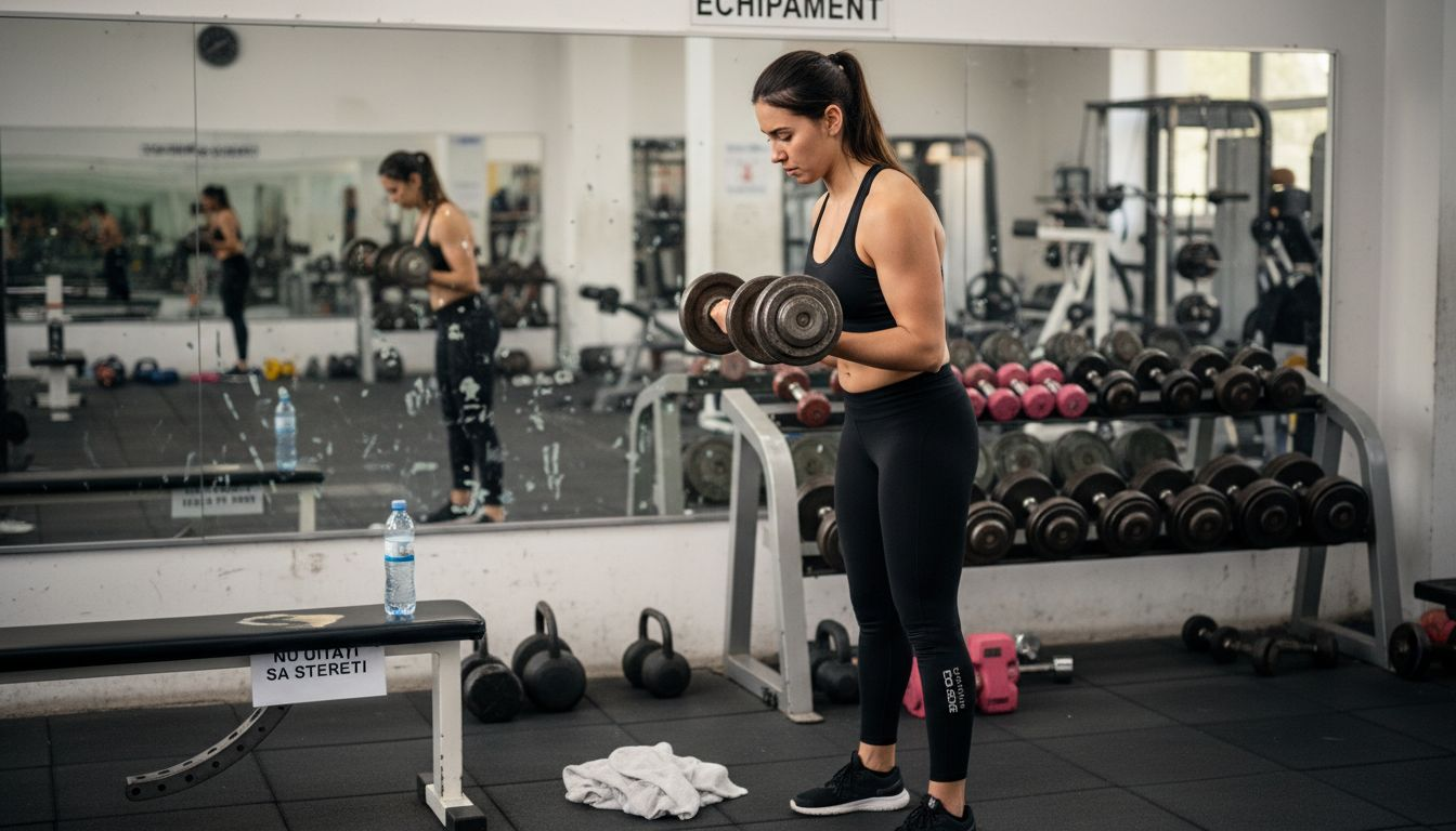 O femeie își lucrează brațele la sală, făcând exerciții pentru biceps.