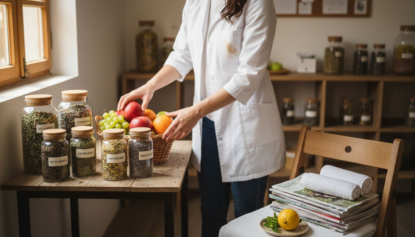 Un nutriționist pregătește ingrediente pentru detoxifiere într-un cabinet specializat.