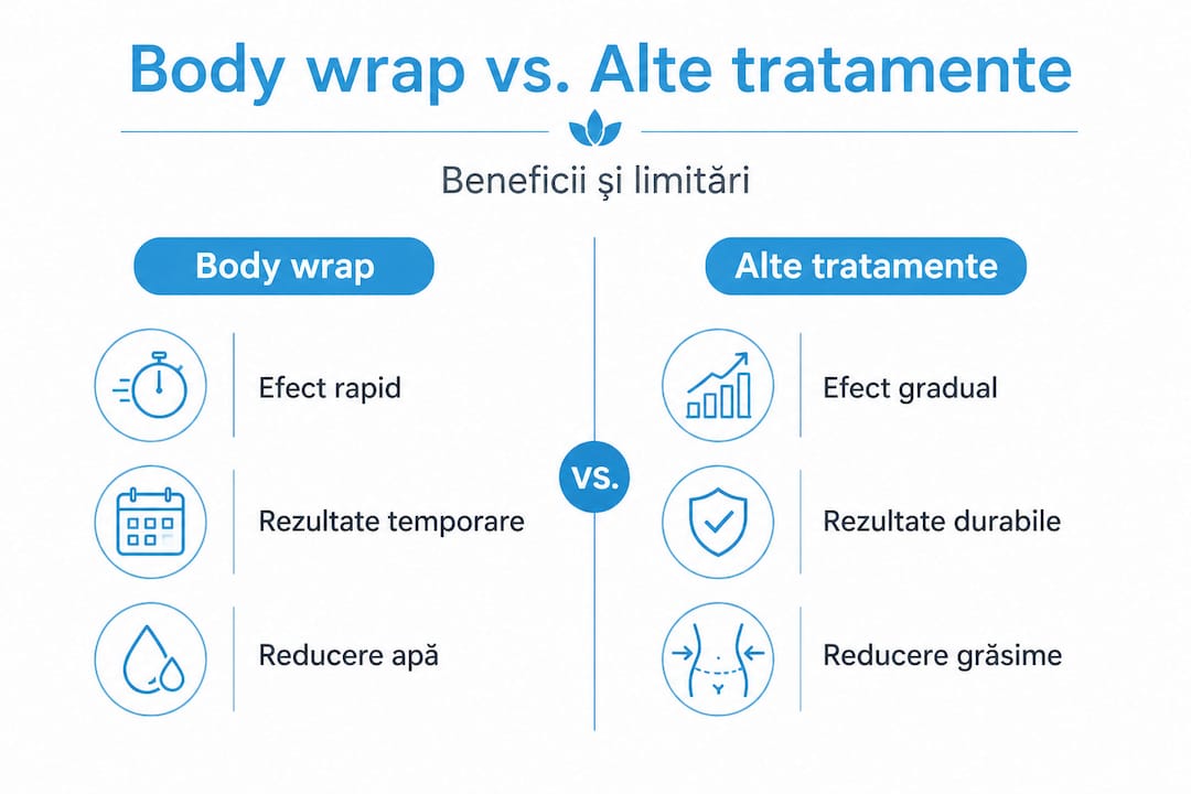 Infografic: Body wrap vs. alte proceduri de înfrumusețare – avantaje și diferențe