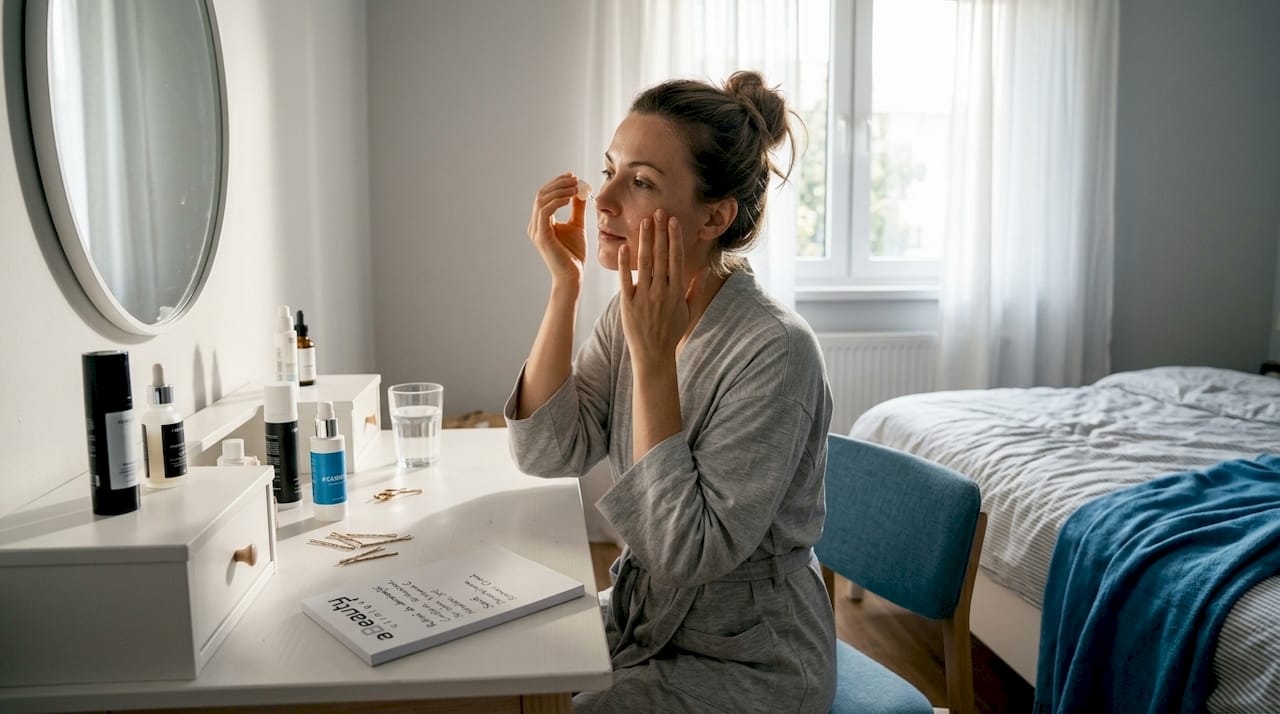 O femeie își aplică serul cu vitamine în confortul propriei case.