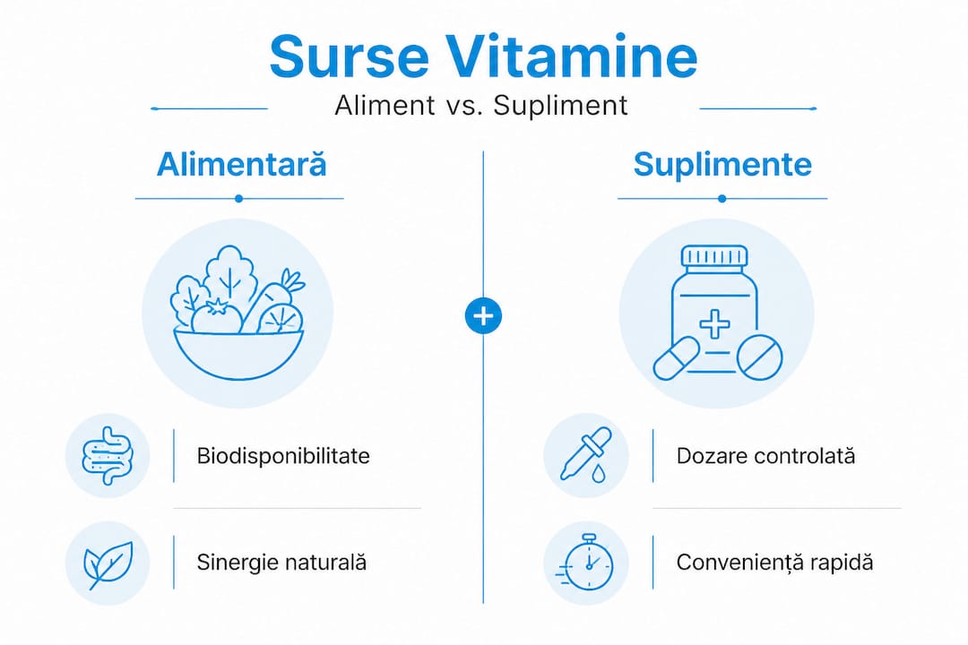 Infografic: diferențele dintre vitaminele obținute din alimentație și cele din suplimente