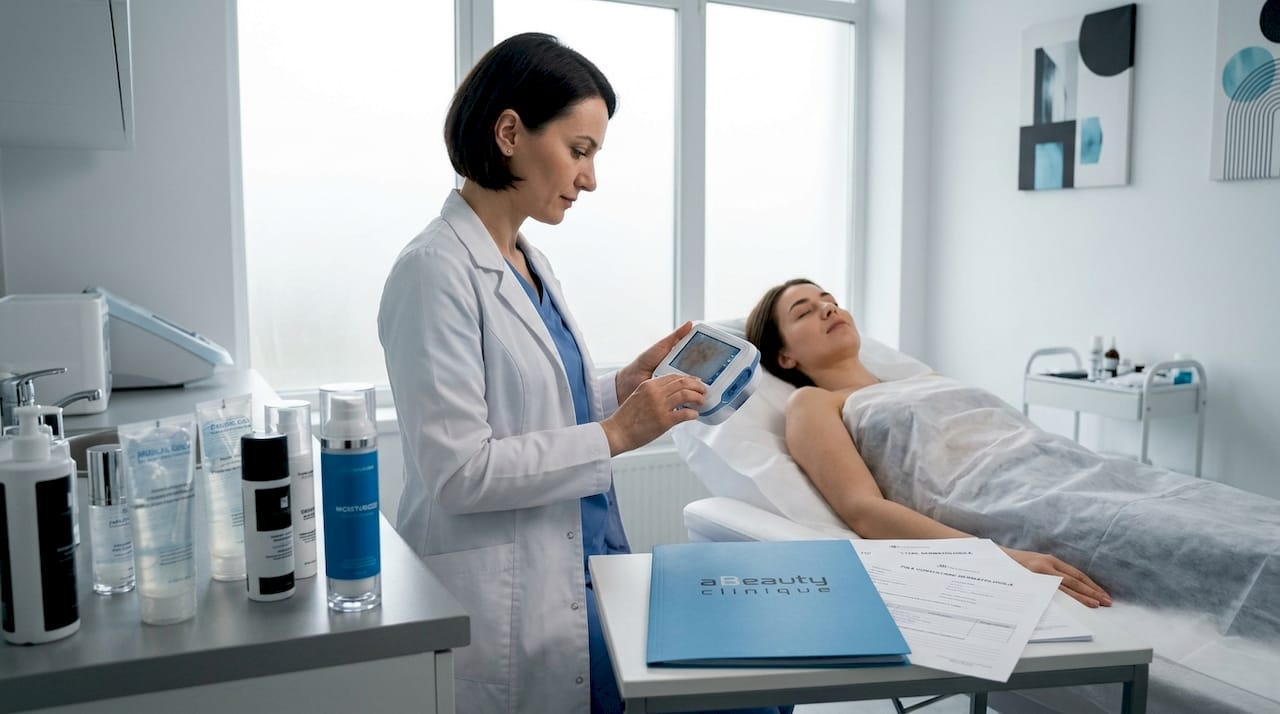Un medic dermatolog testează un aparat pentru analiza pielii.
