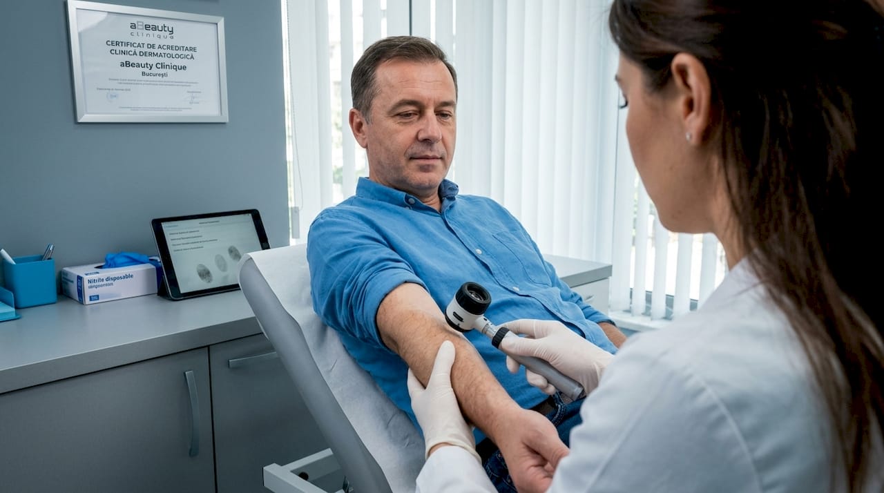 Dermatologul îi consultă pacientului antebrațul în cabinet.