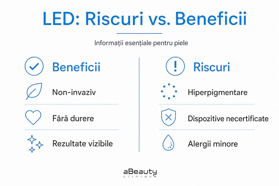 Infografic: Avantaje și riscuri ale terapiei cu LED – o privire comparativă