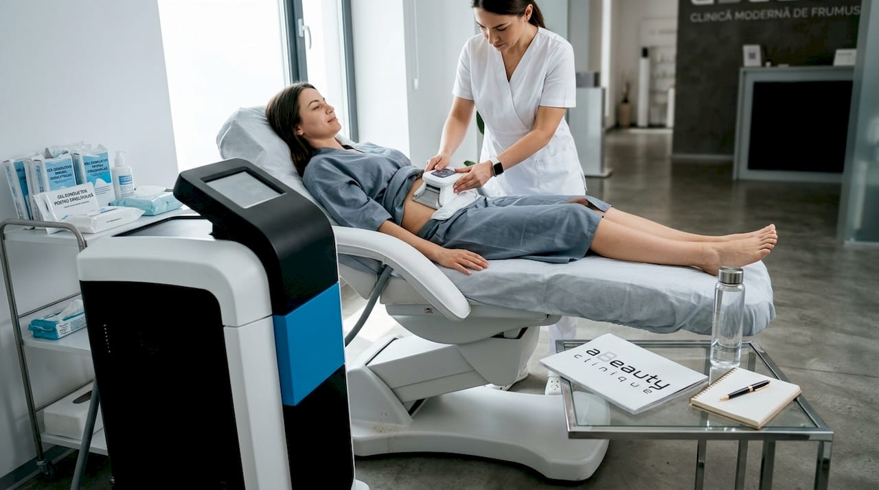 Momentul în care are loc procedura clinică de criolipoliză, cu pacientul relaxat și aparatura pregătită pentru tratament.
