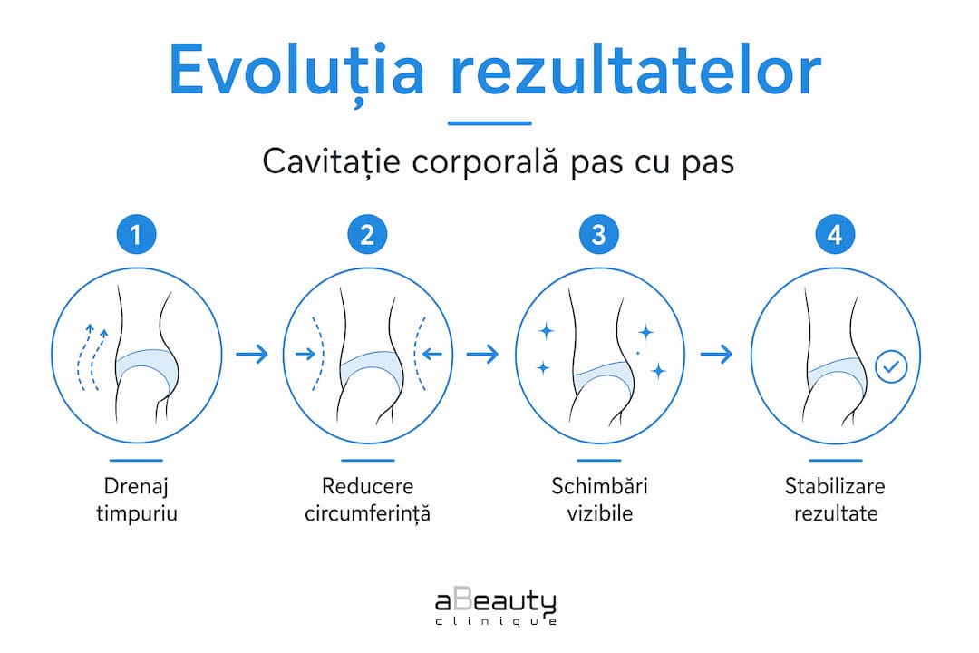 Infografic care prezintă etapele și rezultatele obținute în urma tratamentului de cavitație