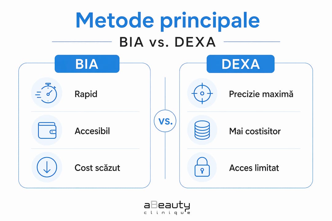 Infografic: comparație între principalele metode de analiză a compoziției corporale