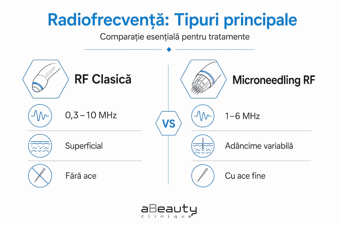 Infografic: diferențele esențiale dintre radiofrecvența clasică și microneedling cu radiofrecvență