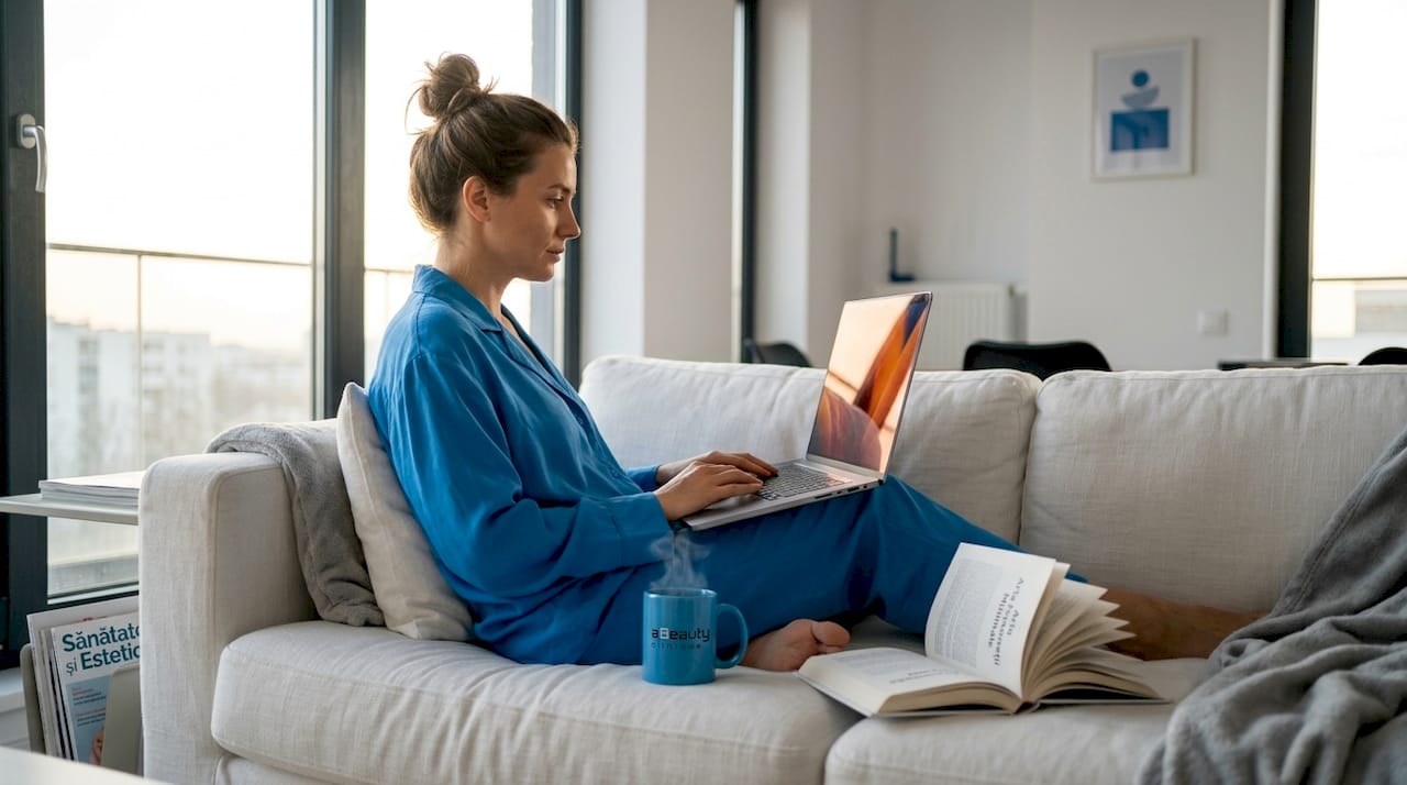 O femeie lucrează la laptop, așezată lângă o fereastră prin care razele soarelui se reflectă în cameră.