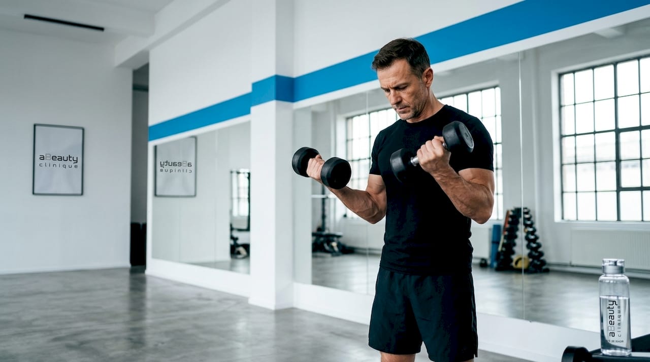 Bărbat la vârsta a doua care face exerciții cu gantere acasă