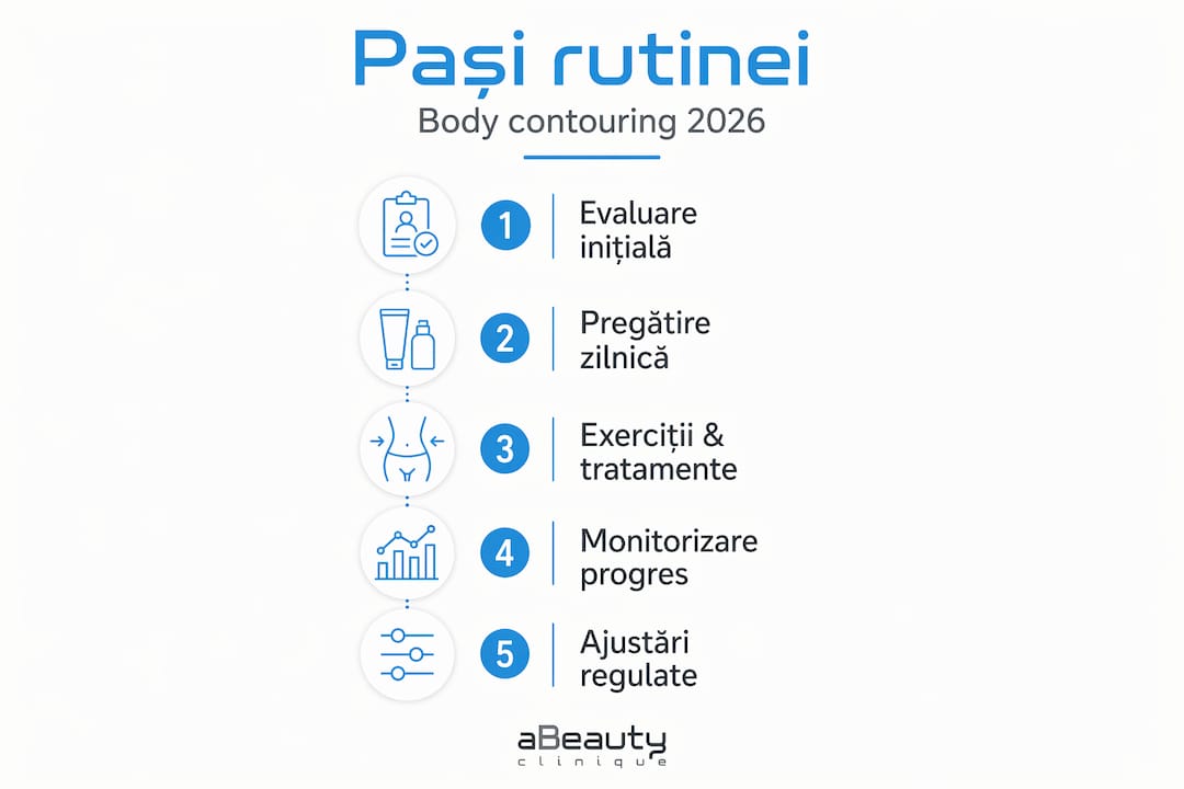 Vizual cu etapele esențiale ale unei rutine de remodelare corporală