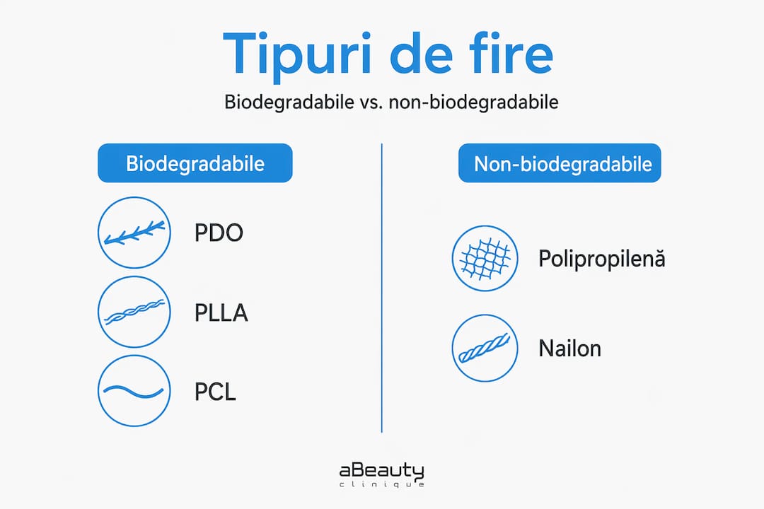 Infografic care prezintă diferențele dintre principalele tipuri de fire folosite în procedurile de lifting facial