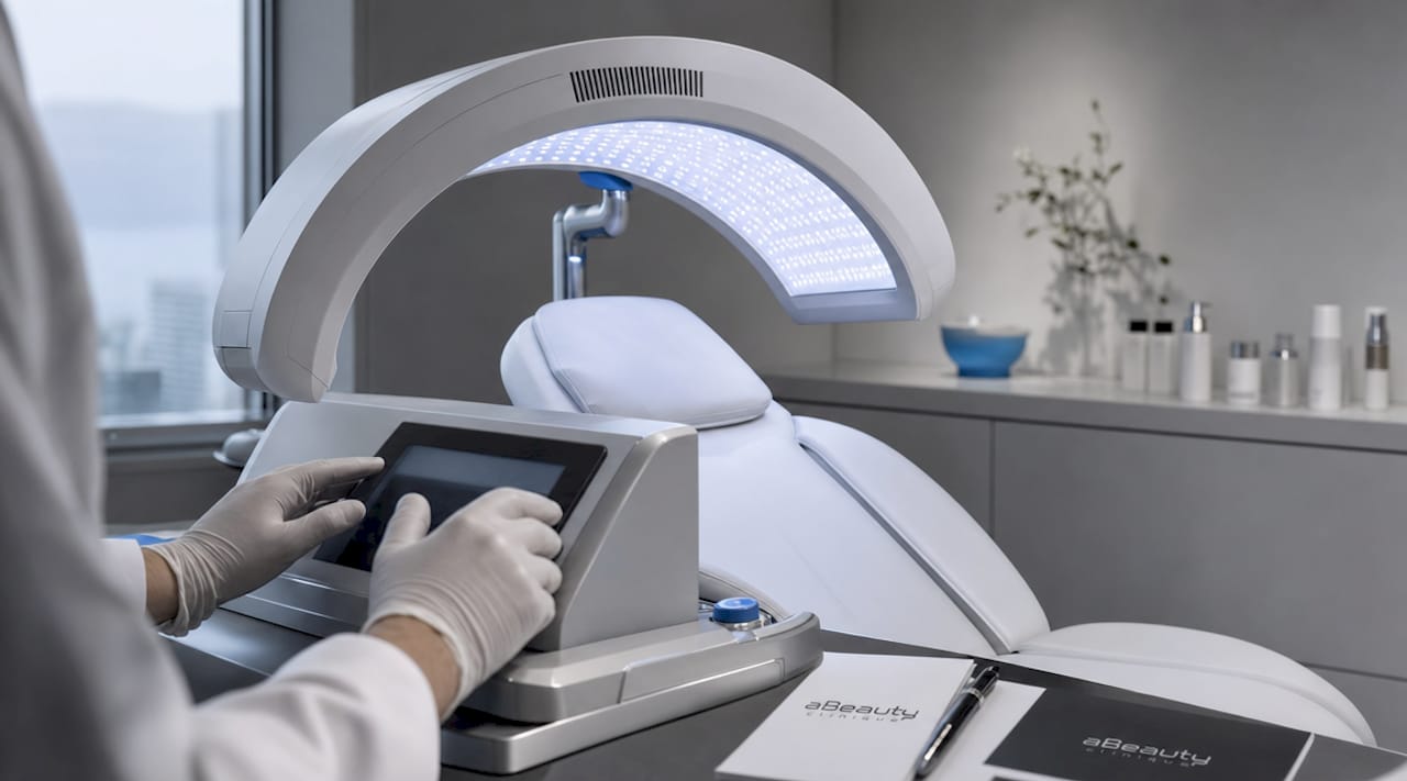 Detaliu cu dispozitivul Omnilux pentru terapie facială cu LED-uri