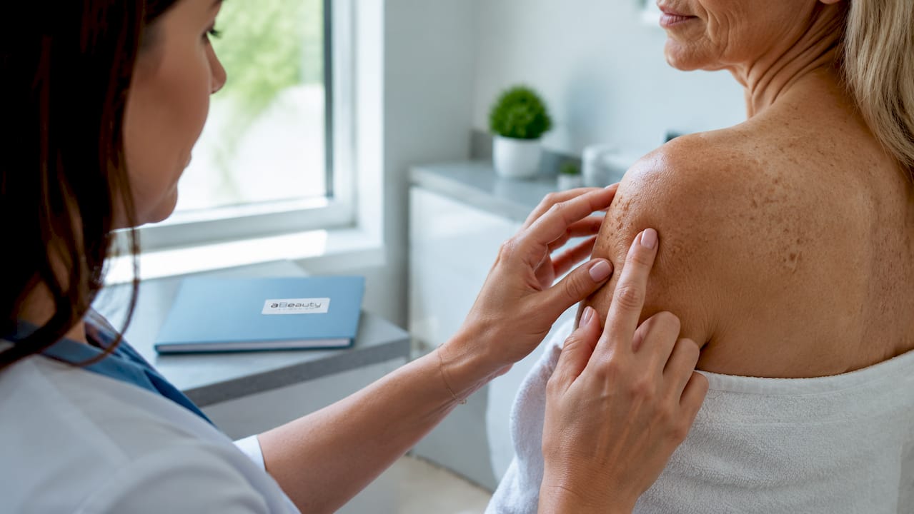Un dermatolog analizează cu atenție pielea unei persoane în vârstă