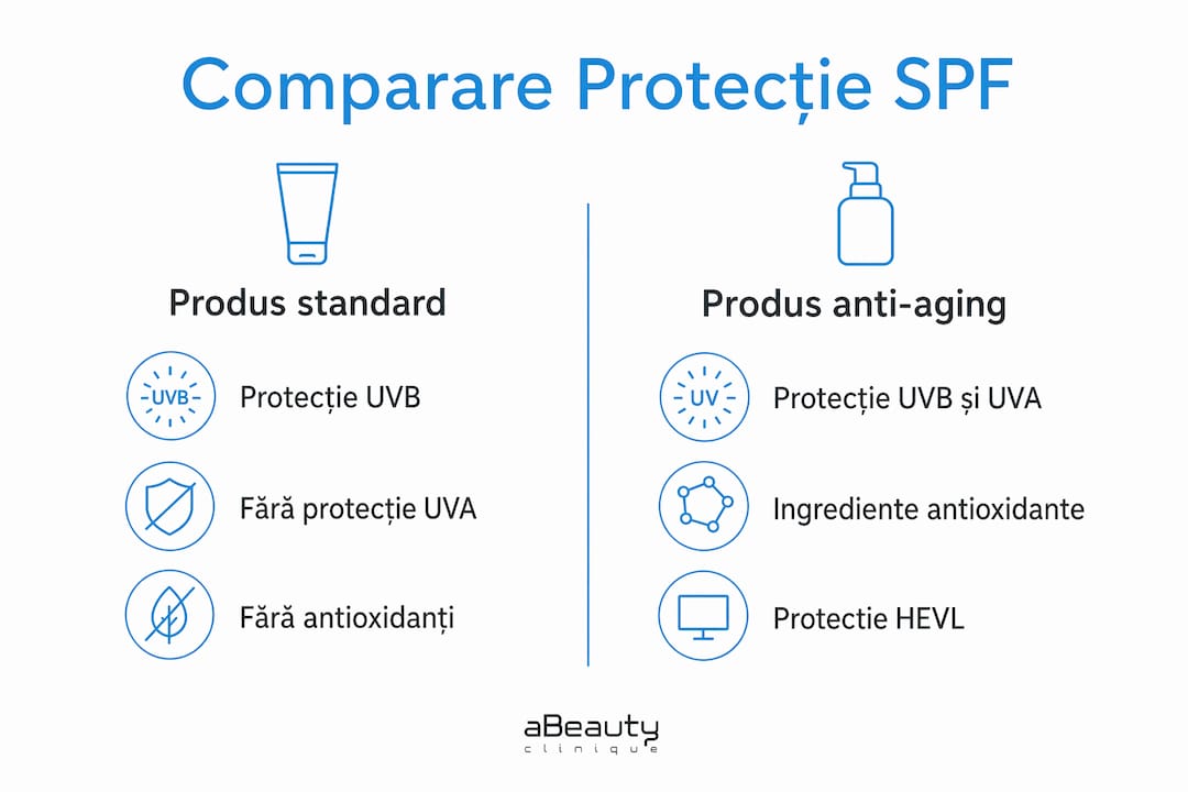 Infografic: comparație între diferite produse pentru protecție solară cu SPF