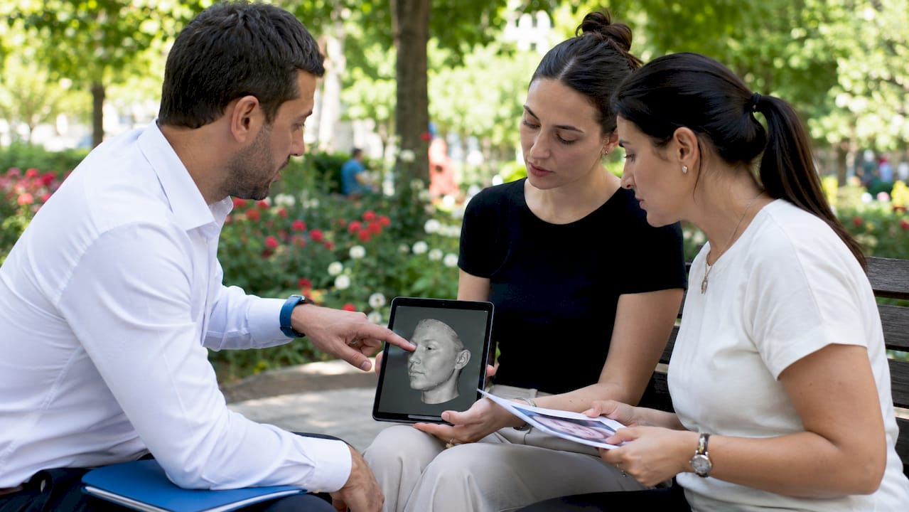 Medic specialist care le prezintă pacienților evaluări faciale personalizate, explicând pe înțelesul fiecăruia rezultatele și opțiunile disponibile.