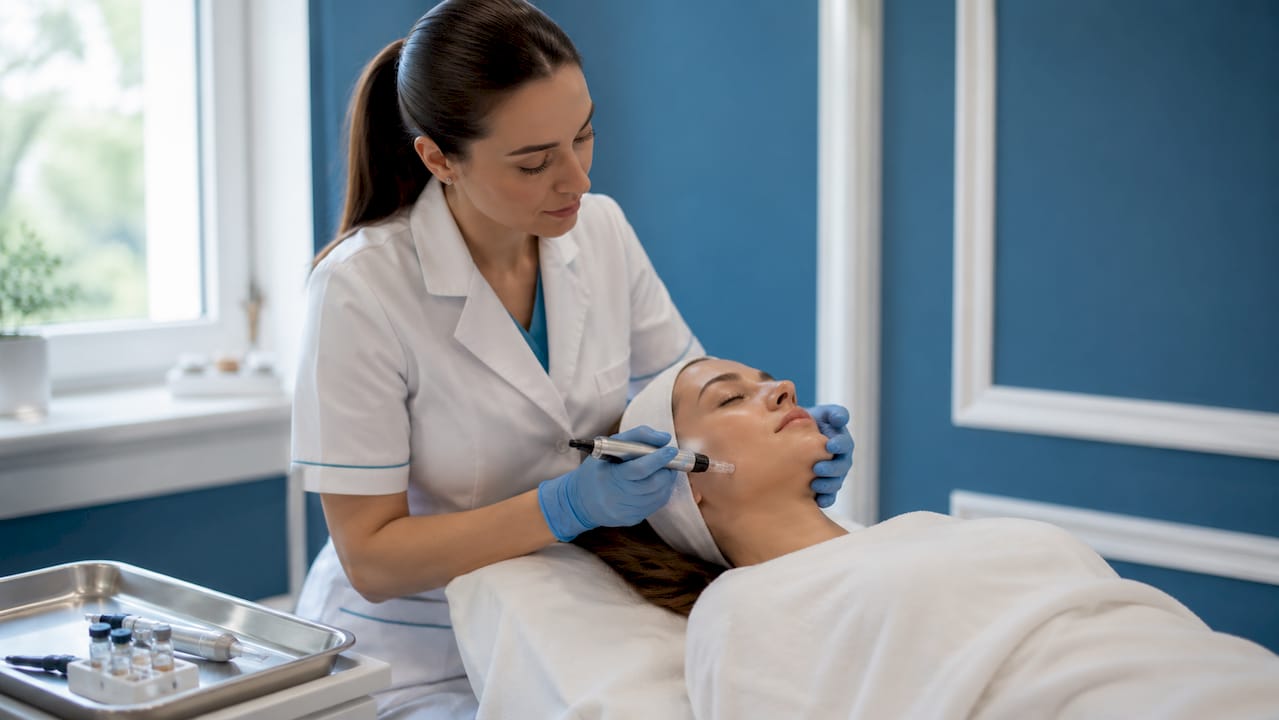 Se realizează un tratament de microneedling cu PRP pe fața pacientului.