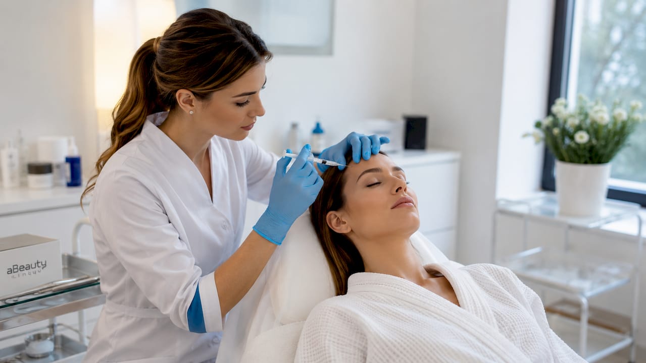 Un medic dermatolog administrează o injecție cu botox în zona frunții.