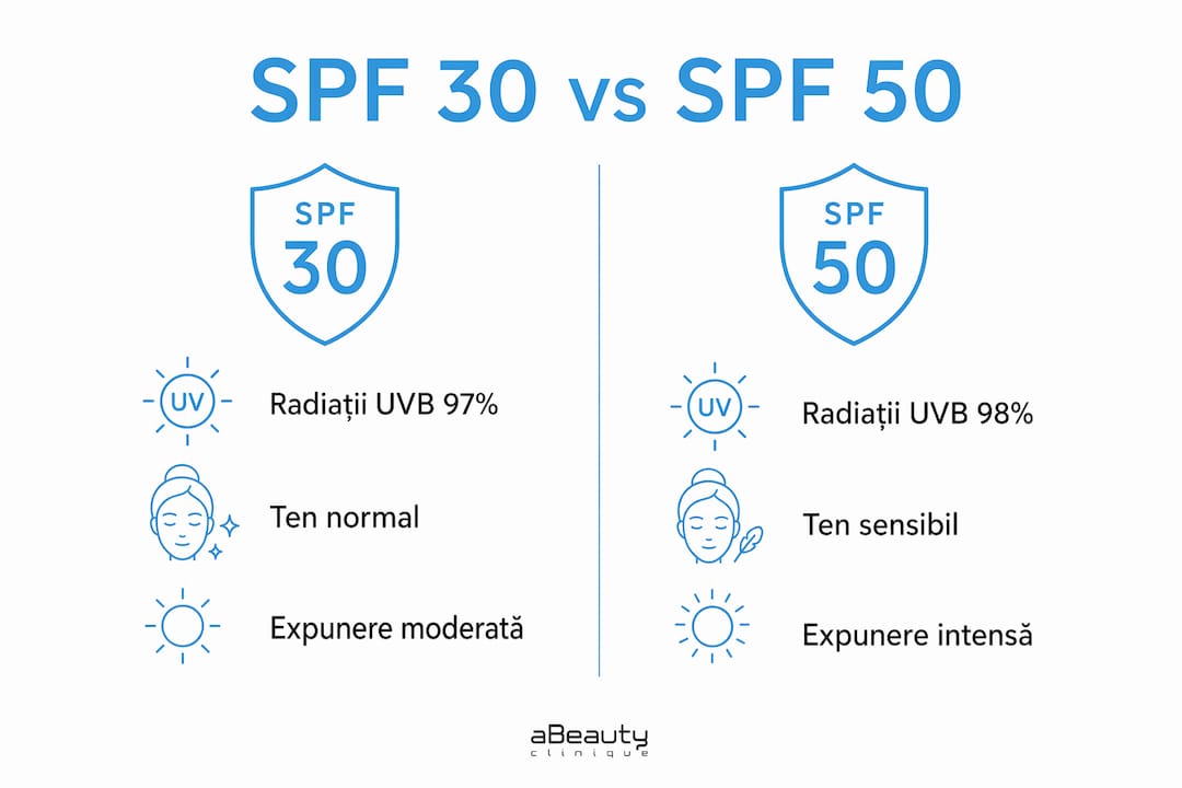Infografic: diferențele dintre protecția oferită de SPF 30 și SPF 50