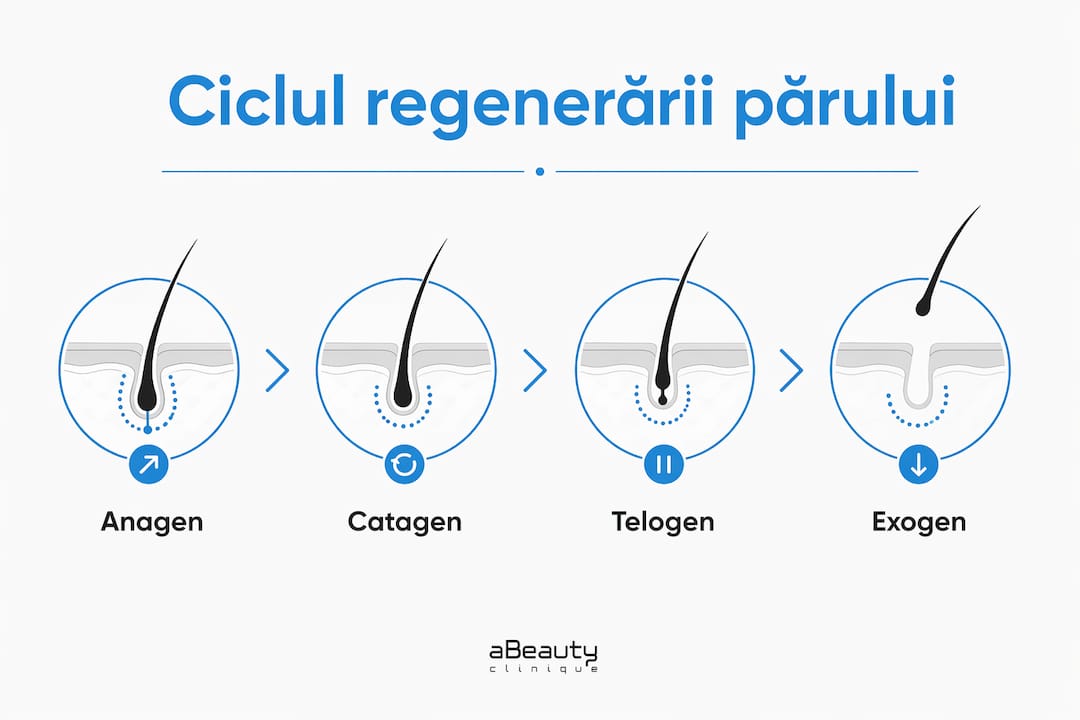 Ilustrație explicativă: cum decurge, pas cu pas, ciclul de regenerare al părului