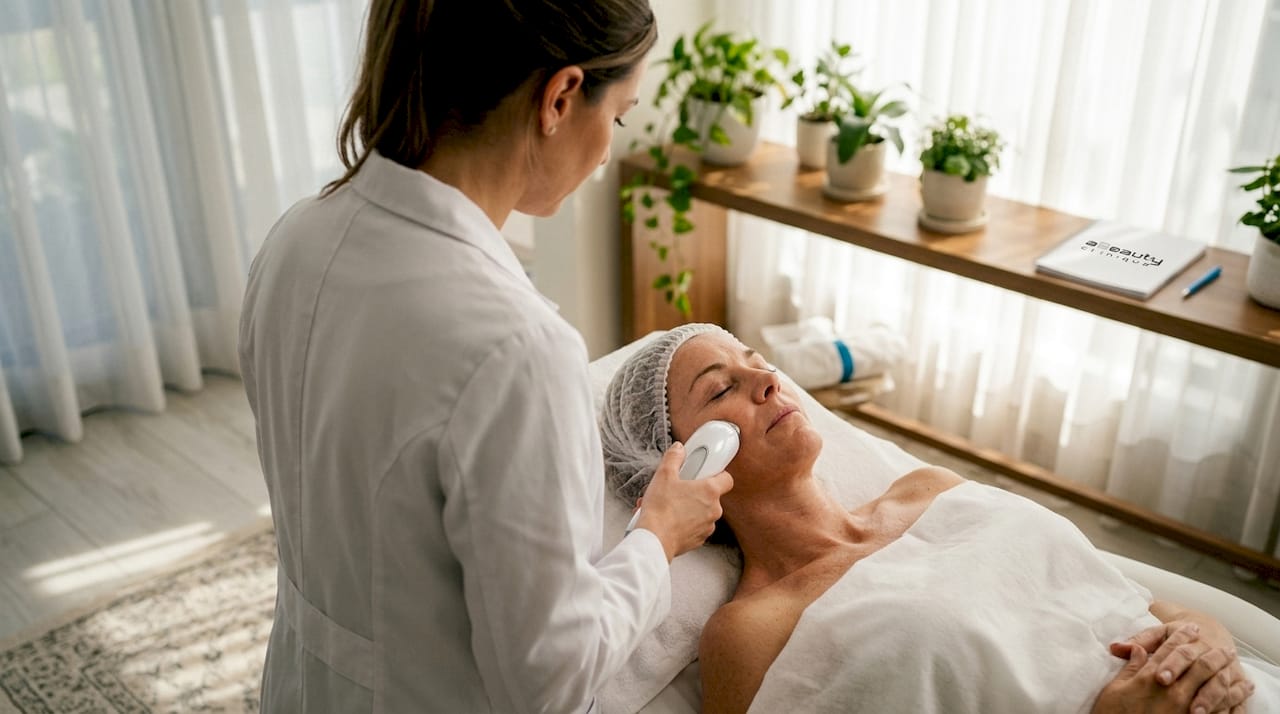 Specialistul în cosmetică realizează un tratament facial cu radiofrecvență, pentru a reda pielii fermitatea și strălucirea.