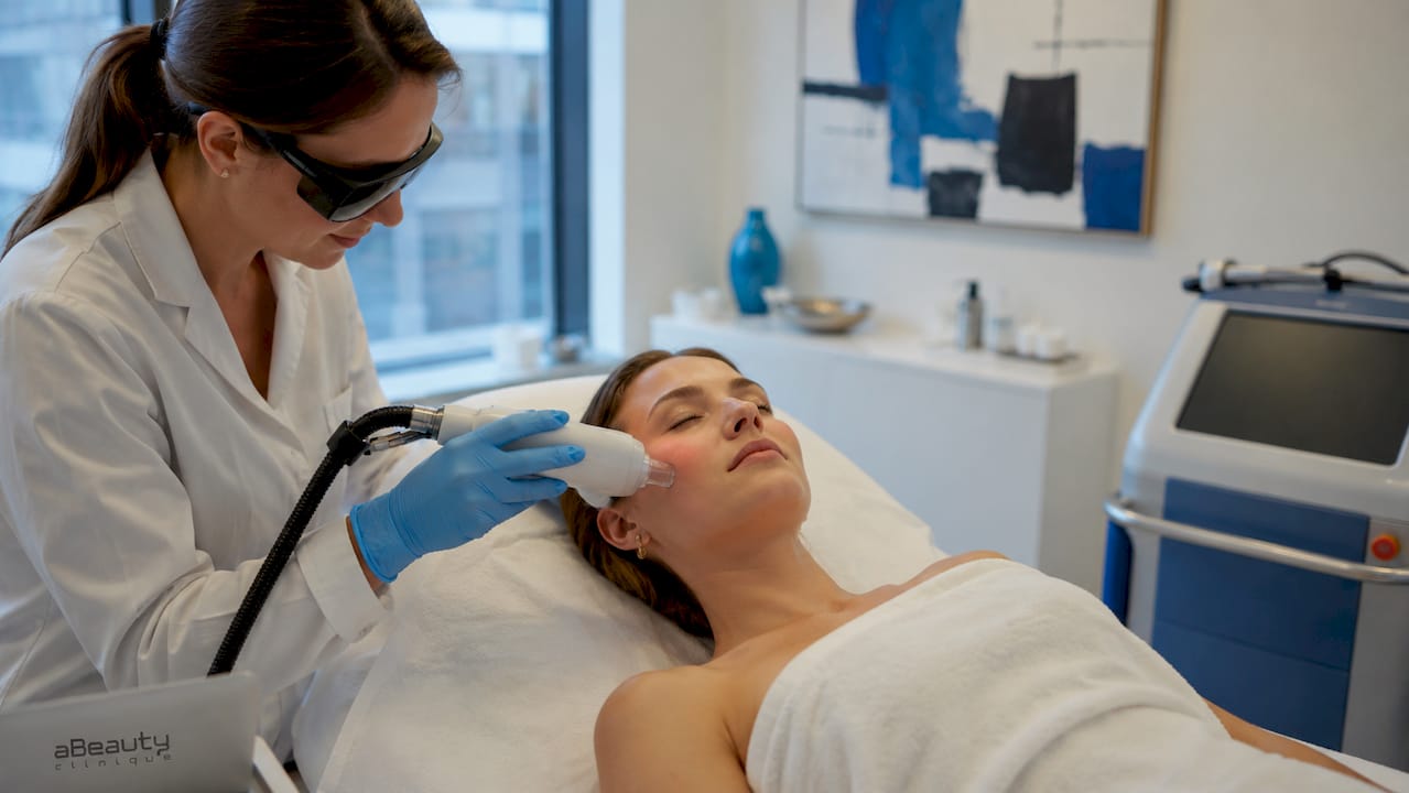 Pacientă în timpul unui tratament facial cu laser fracționat