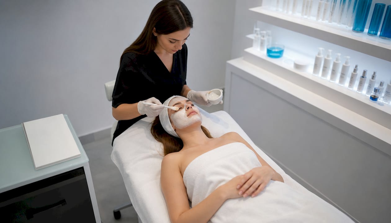 Cosmeticiană care aplică o mască facială unei cliente, într-un salon de înfrumusețare