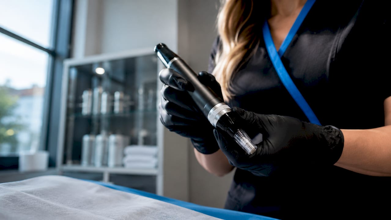 Detaliu cu cartuşul cu ace Dermapen şi mâinile care îl manipulează