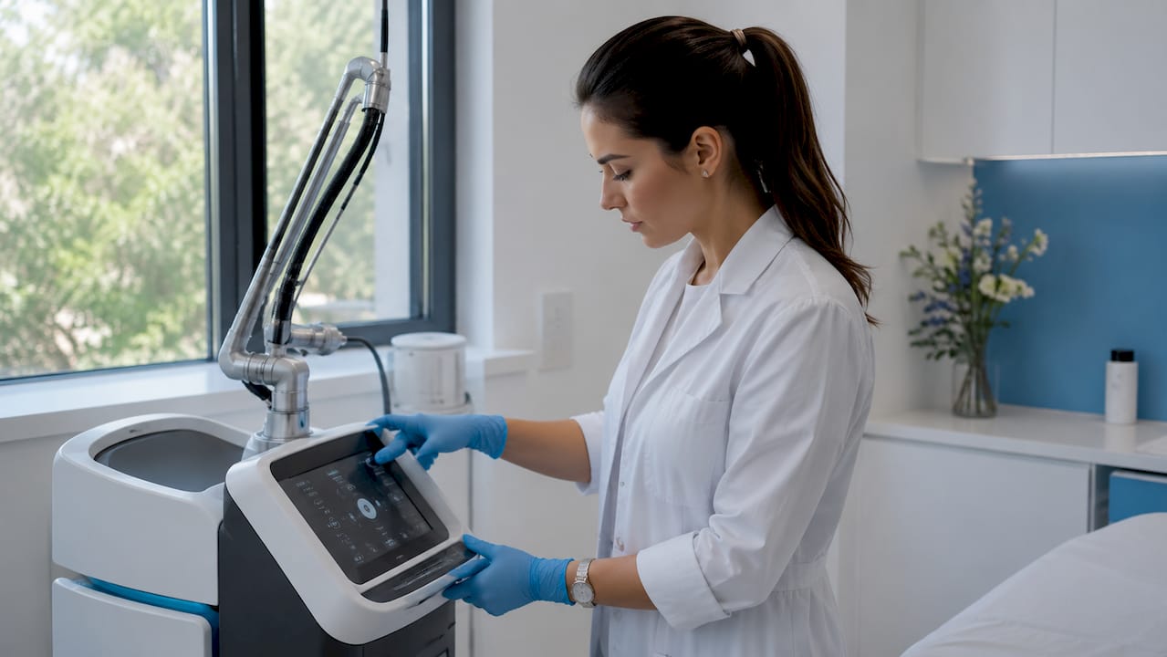 Mâini care reglează setările unui aparat cu laser CO2