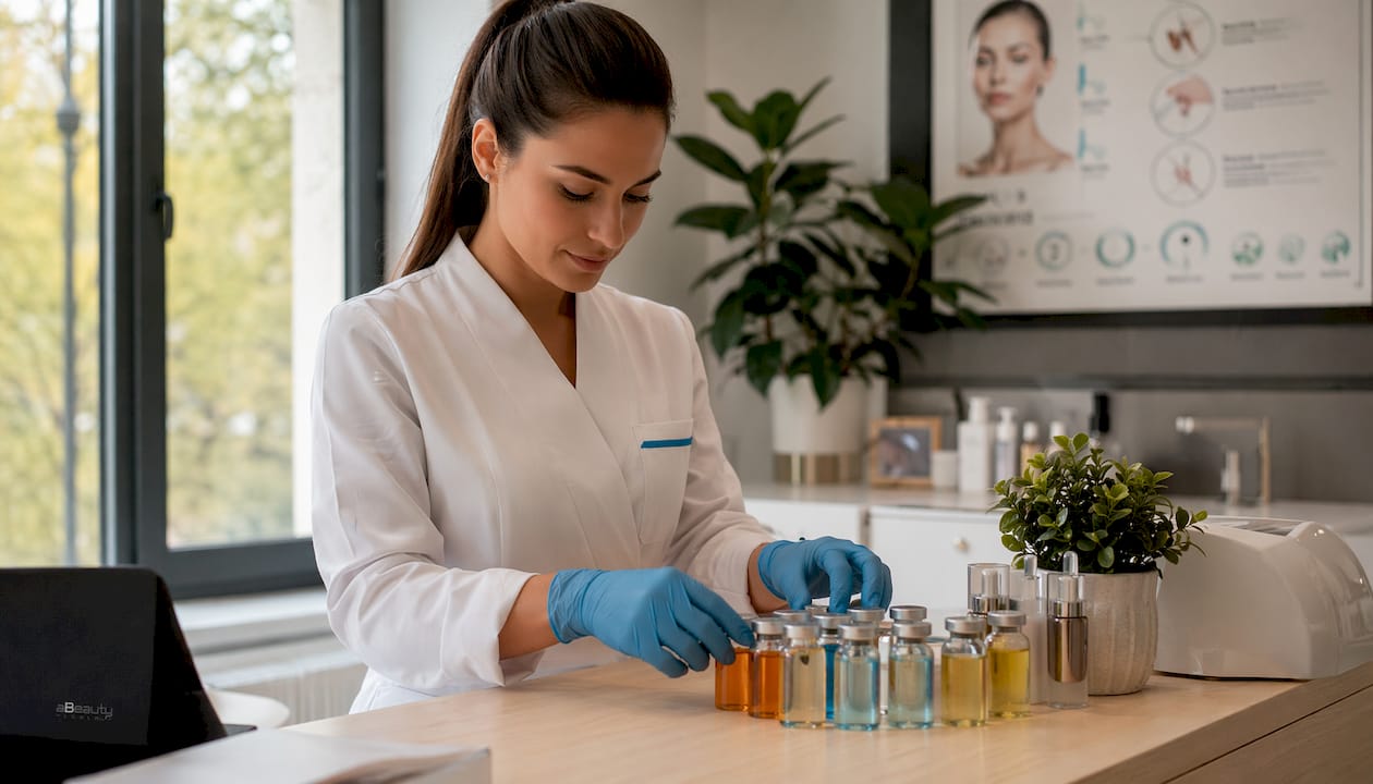 Flacoane cu ingrediente active pentru mezoterapie, așezate pe o masă de lucru sterilă
