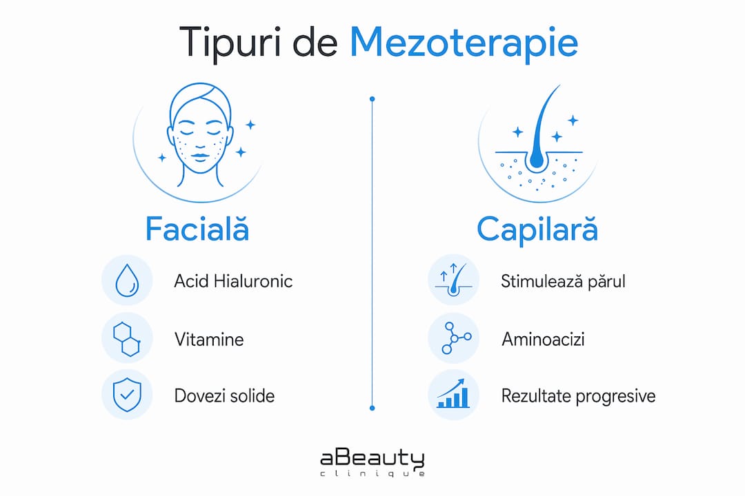 Infografic: diferențe și asemănări între principalele tipuri de mezoterapie facială și pentru scalp, prezentate pe scurt, cu aspectele esențiale pentru fiecare procedură