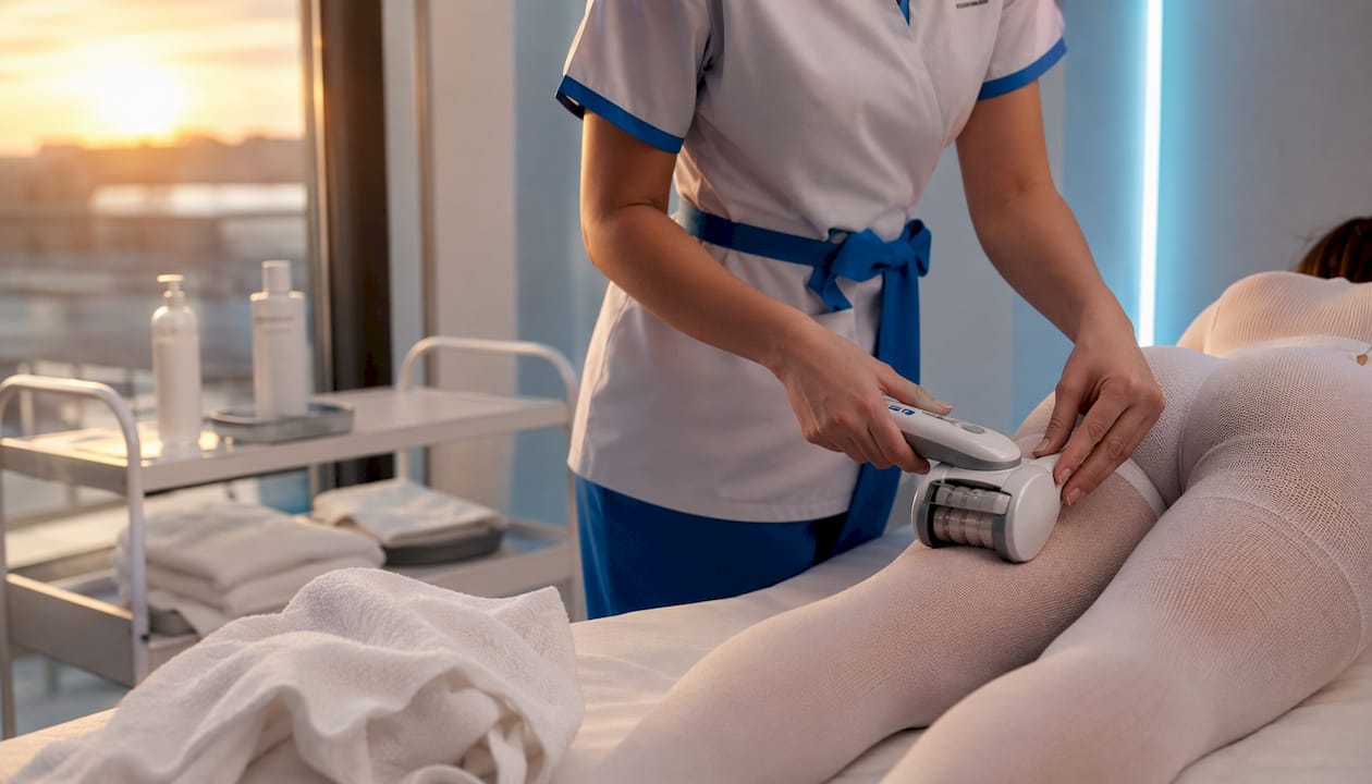 Mâini care folosesc role speciale pentru tratamentul endermologic