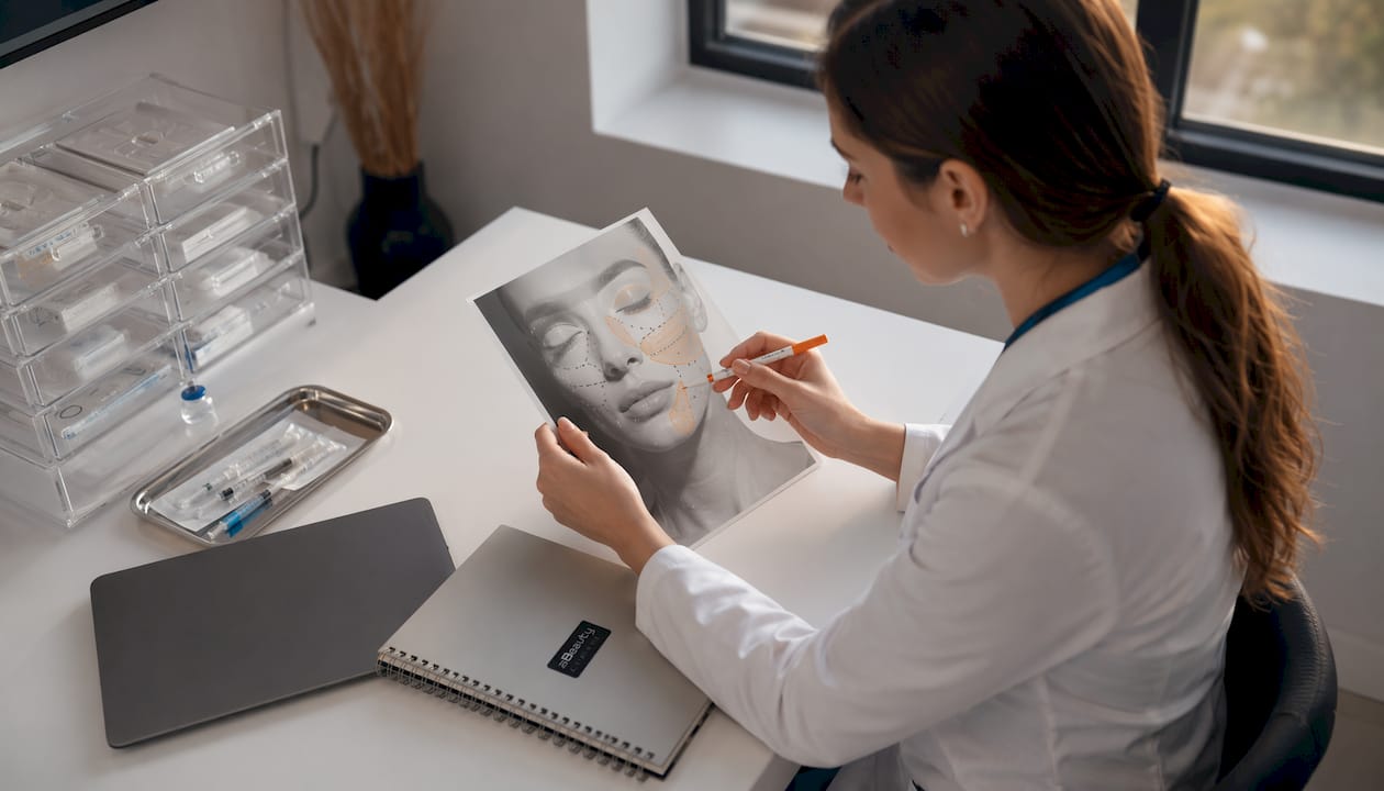 Schema zonelor de aplicare a acidului hialuronic pentru tratamente faciale