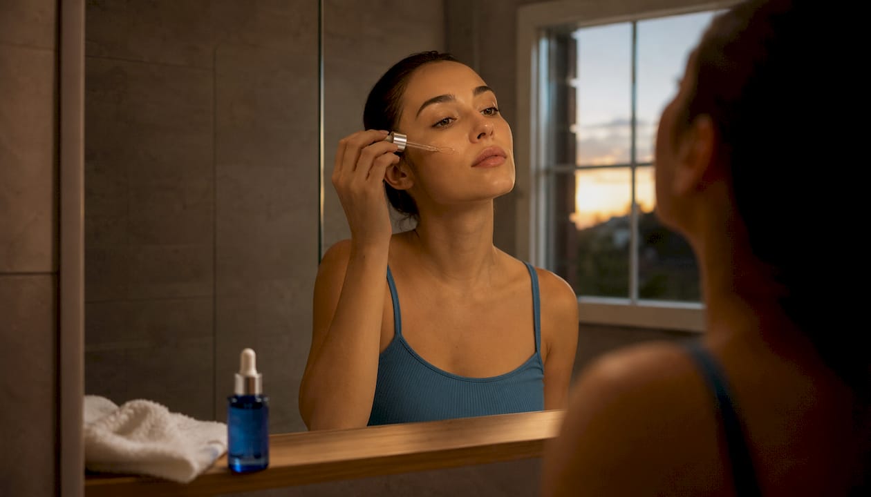 O femeie își aplică serul pe ten imediat după ce a terminat tratamentul cosmetic.