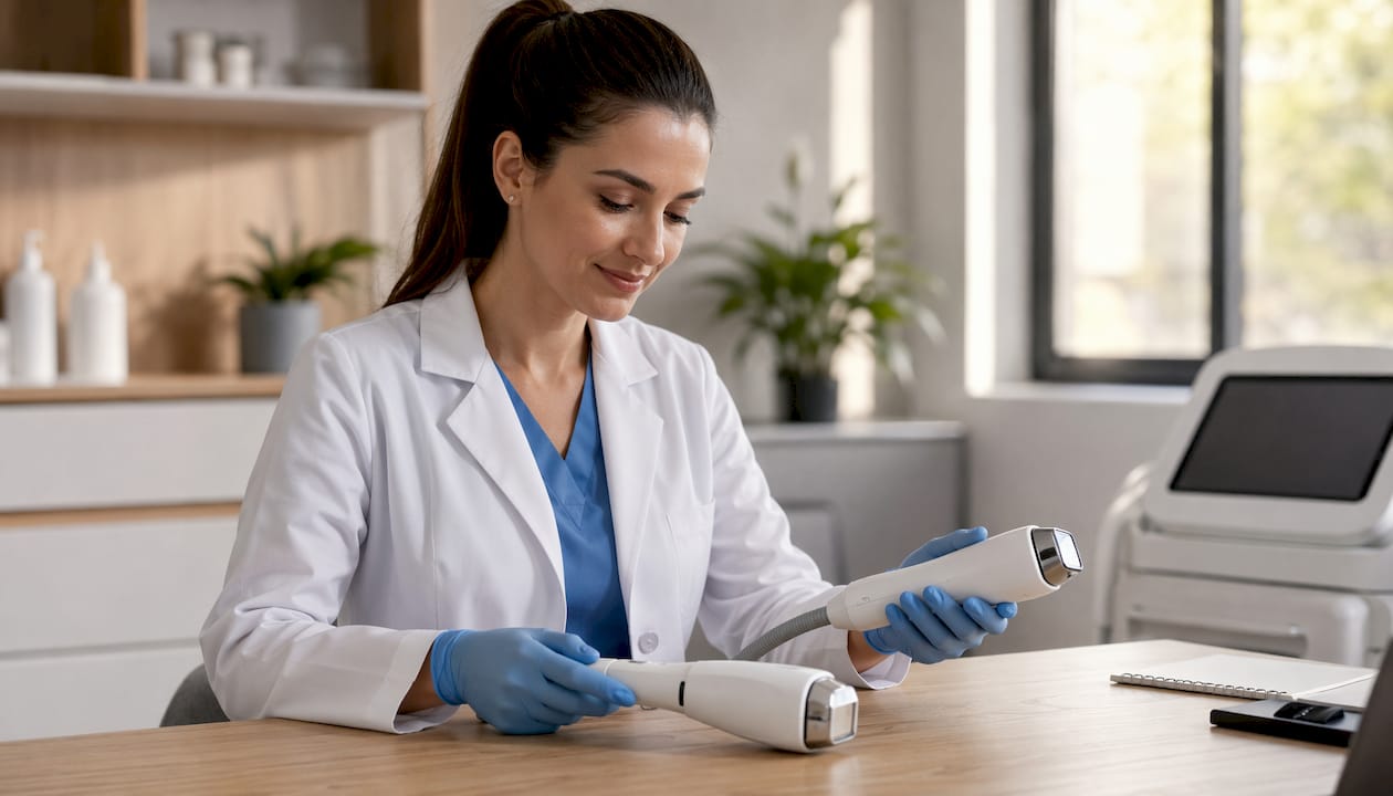 Mâini care manevrează dispozitive laser de ultimă generație