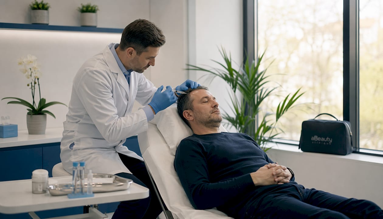 Mâini care administrează o injecție cu plasmă bogată în trombocite direct în scalp.