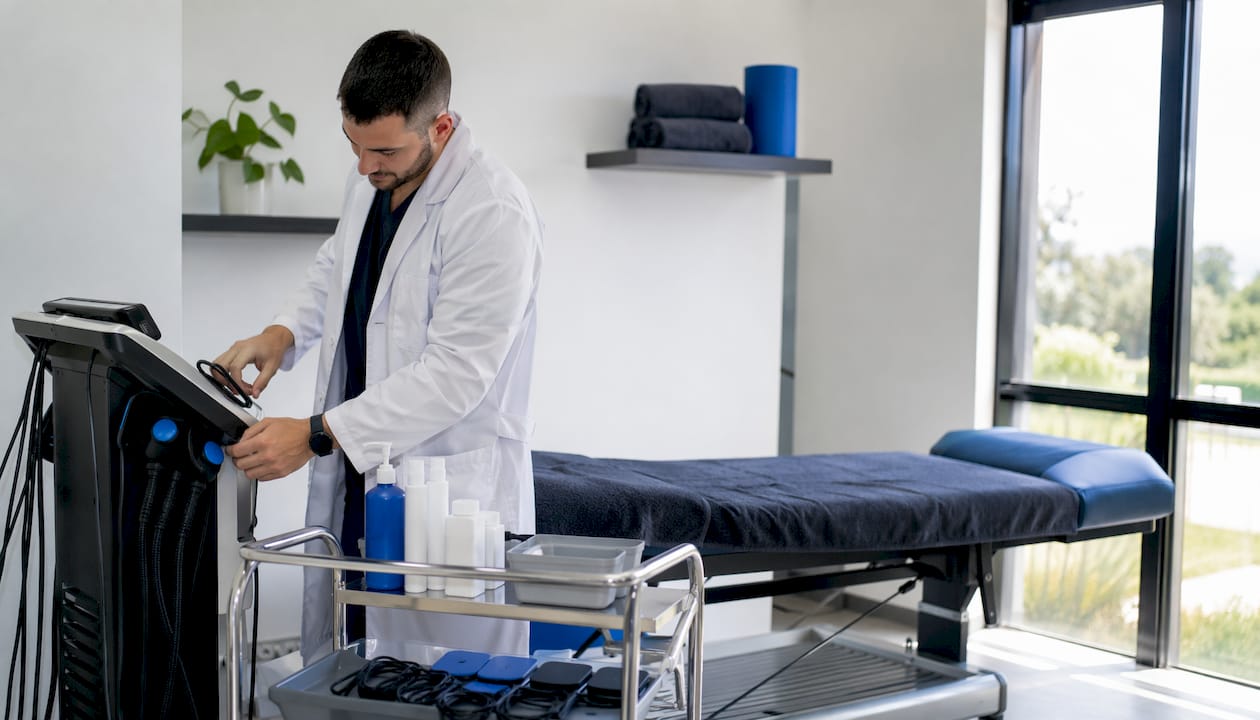 Mâinile ajustează setările unui aparat EMS