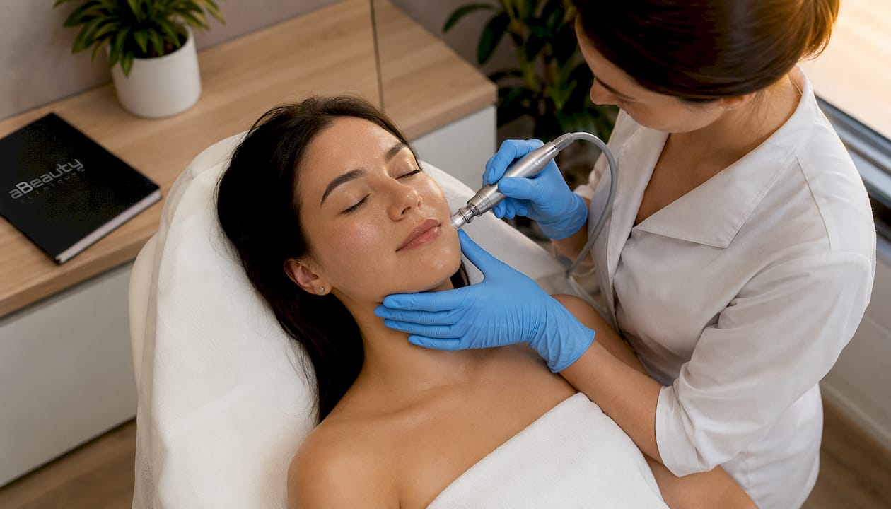 Detaliu cu procedura de microdermabraziune aplicată pe ten