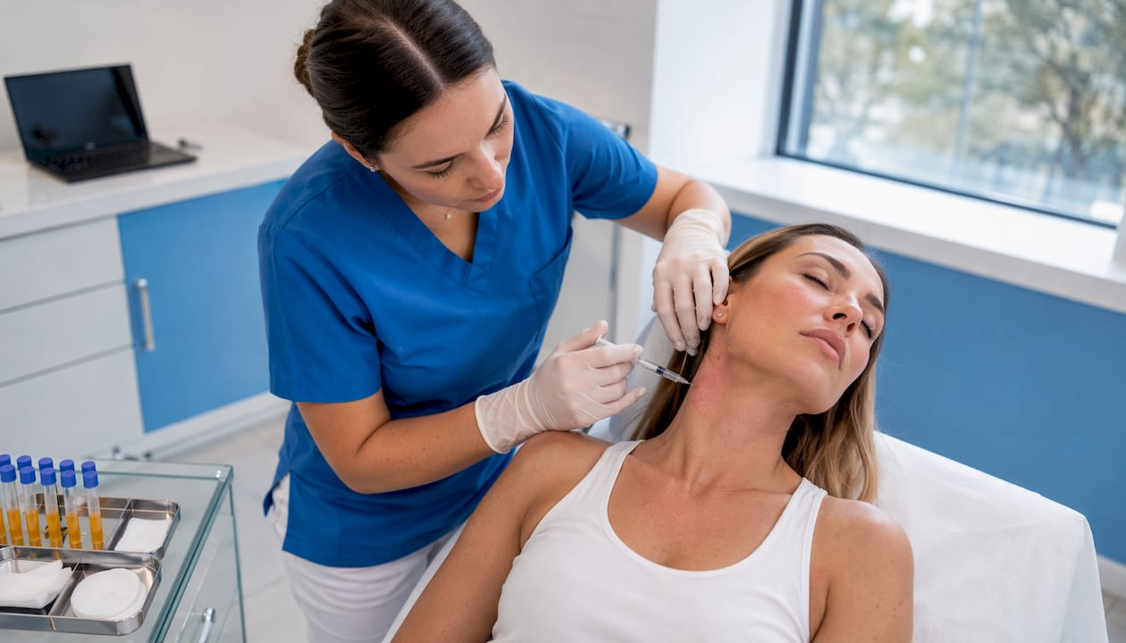 Detaliu cu injectarea plasmei bogate în trombocite (PRP) în zona gâtului