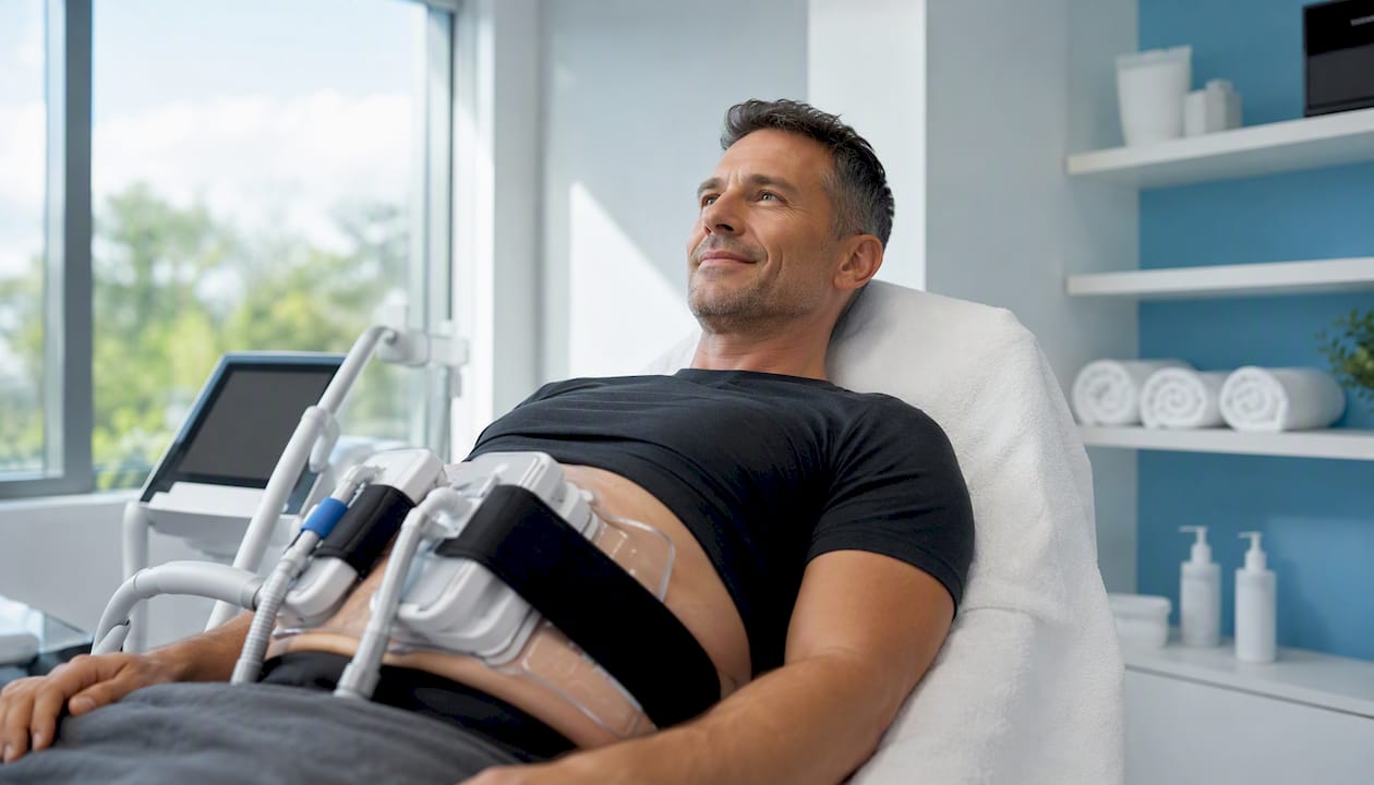 Un bărbat urmează o procedură de criolipoliză într-o clinică de înfrumusețare.