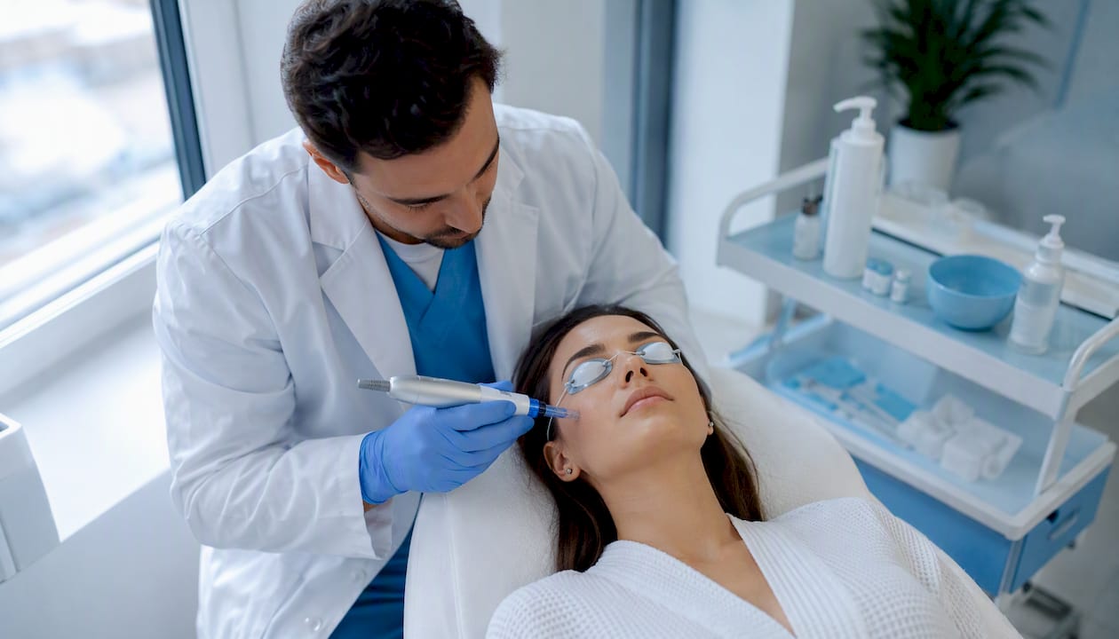 Procedura de microneedling realizată într-o clinică dermatologică