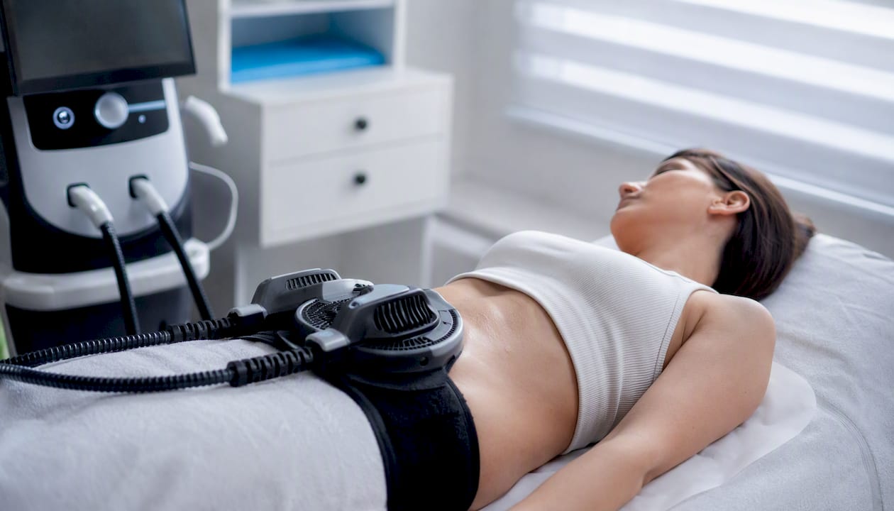 Dispozitiv pentru stimularea musculară HIFEM aplicat pe zona abdomenului