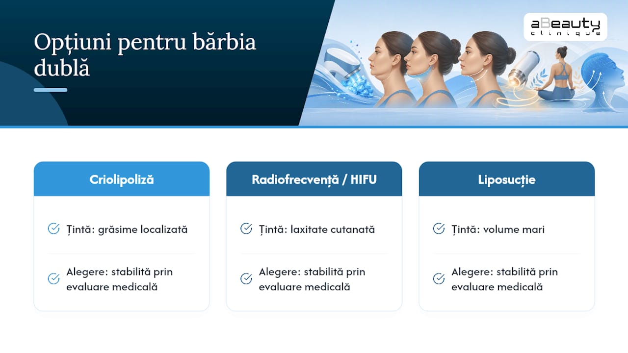 Tabel comparativ cu principalele metode de tratament pentru bărbia dublă