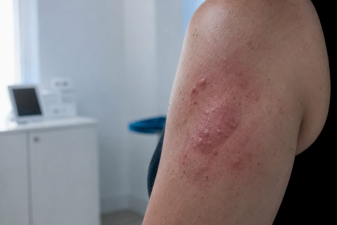 Prim-plan cu piele afectată de inflamație granulomatoasă