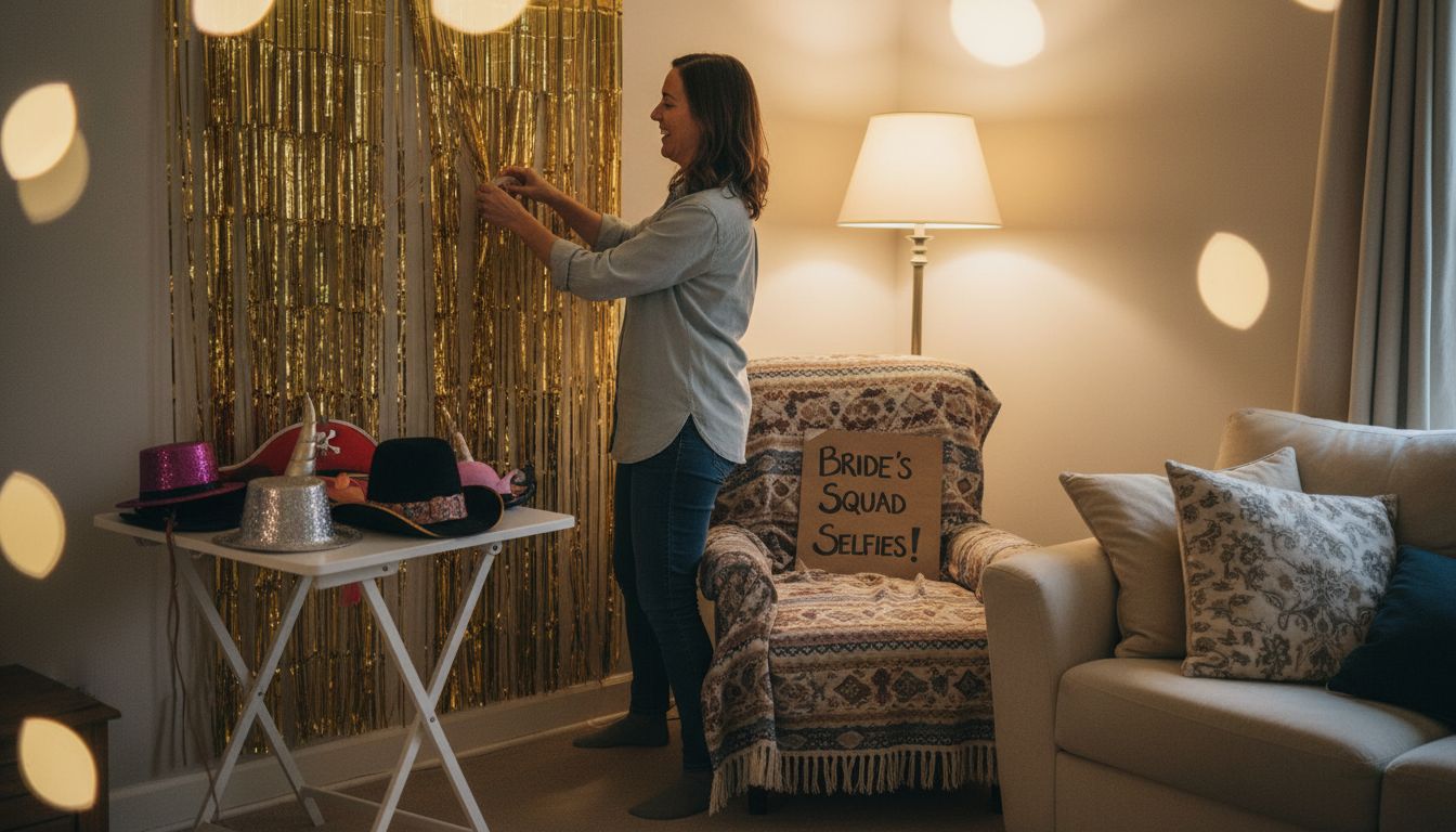 Friends prepping DIY hen do photobooth