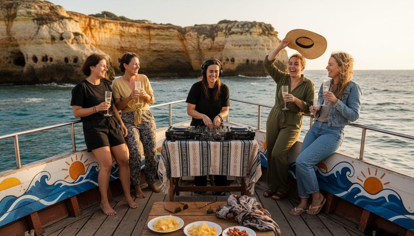 Hen party group dancing on Albufeira boat