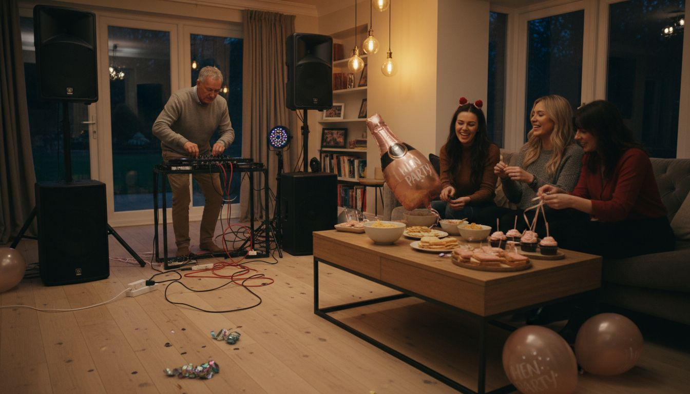 DJ organizing sound equipment for indoor hen party